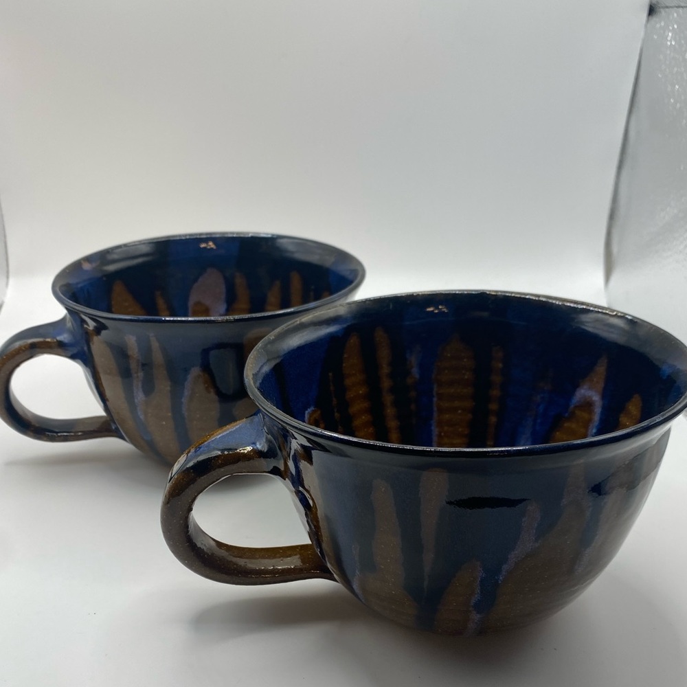 Studio pottery signed stoneware soup mug (set of 2).